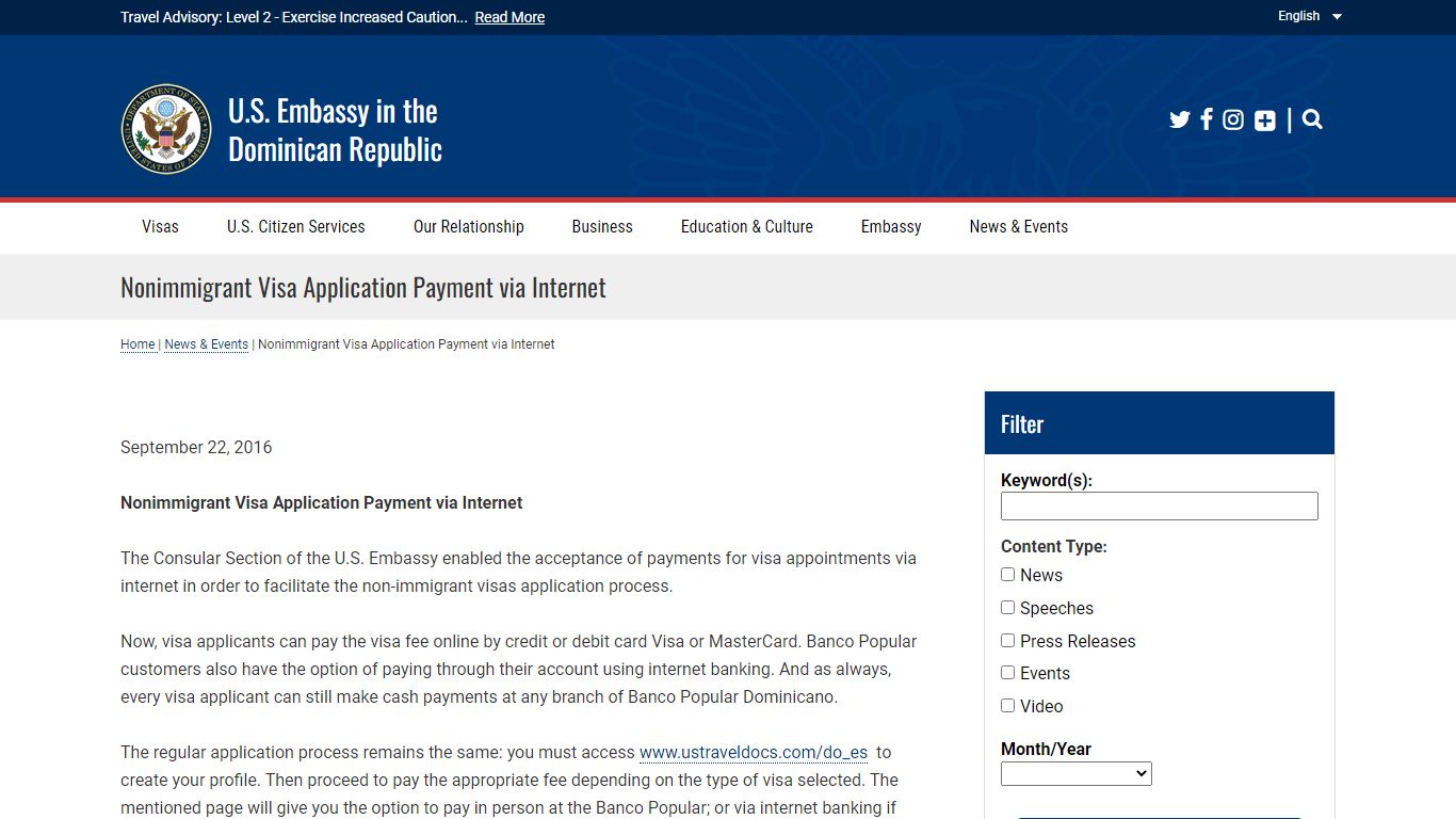 Nonimmigrant Visa Application Payment via Internet